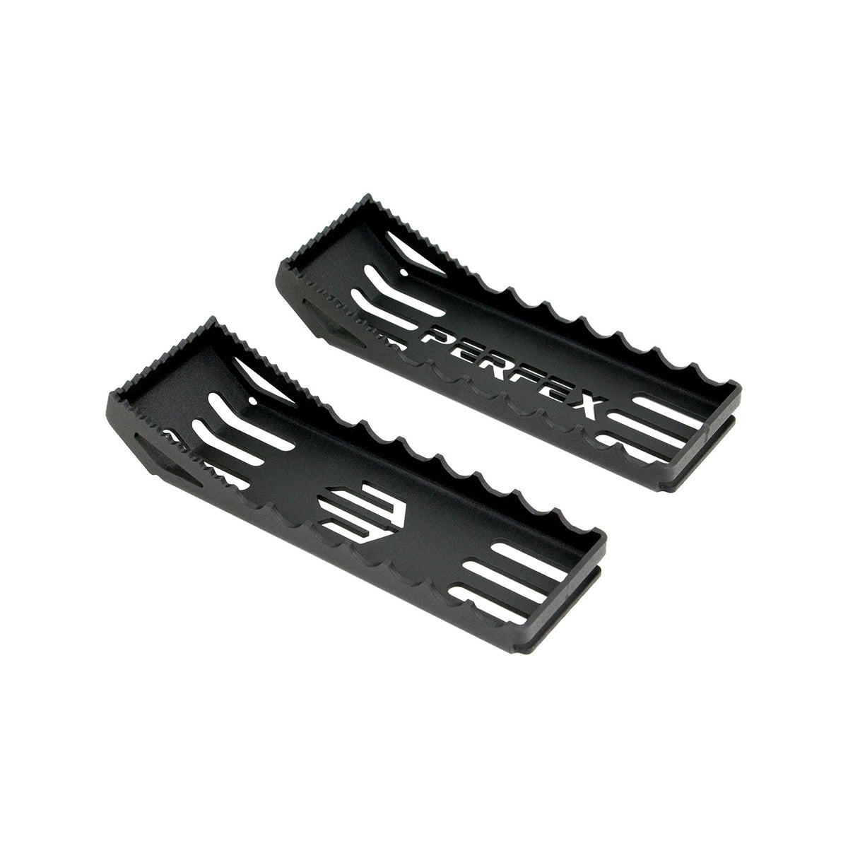 Yamaha Grizzly 550/700 and Kodiak 700 oversized ATV foot pegs by PERFEX, 3-inch wide design for superior control and stability, presented on white background.