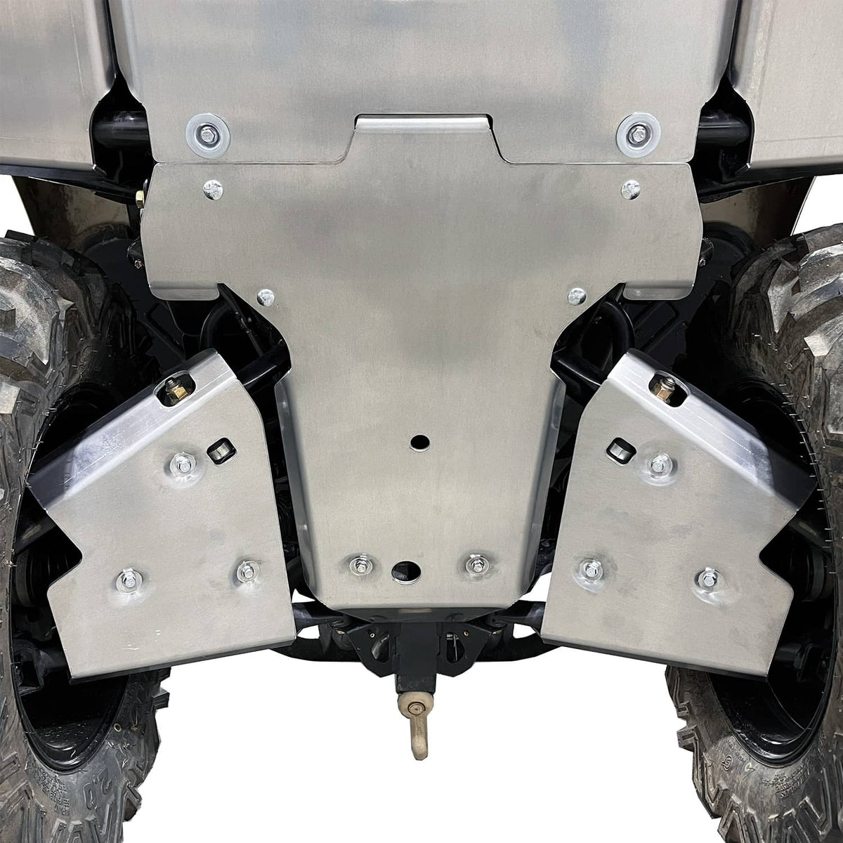White background image of a Can-Am Outlander PRO, focusing on the PERFEX Industries rear A-arm guards protecting the suspension components of the ATV. Ideal for off-road adventures.