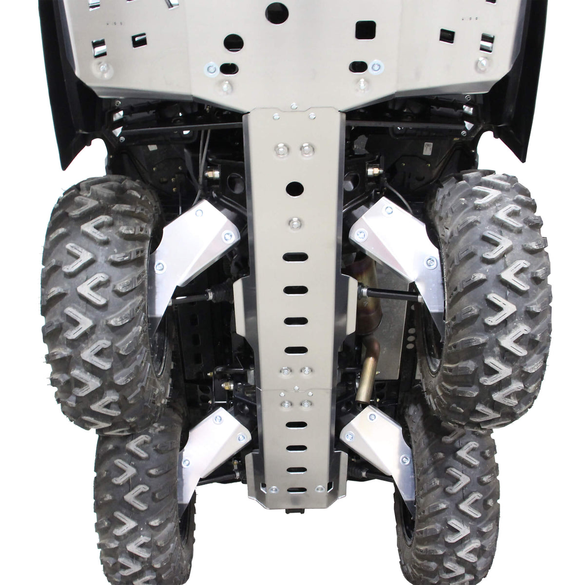 PERFEX aluminum rear A-arm guards protecting the rear suspension of a Can-Am Outlander MAX 6x6 1000R G2 ATV