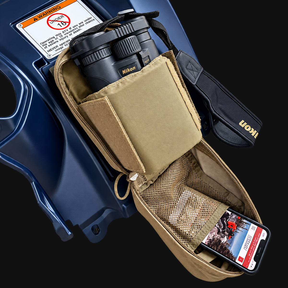 Honda Foreman 500/520 right Fender MOLLE Panel carrying ATV trail and utility accessories in a MOLLE storage pouch.