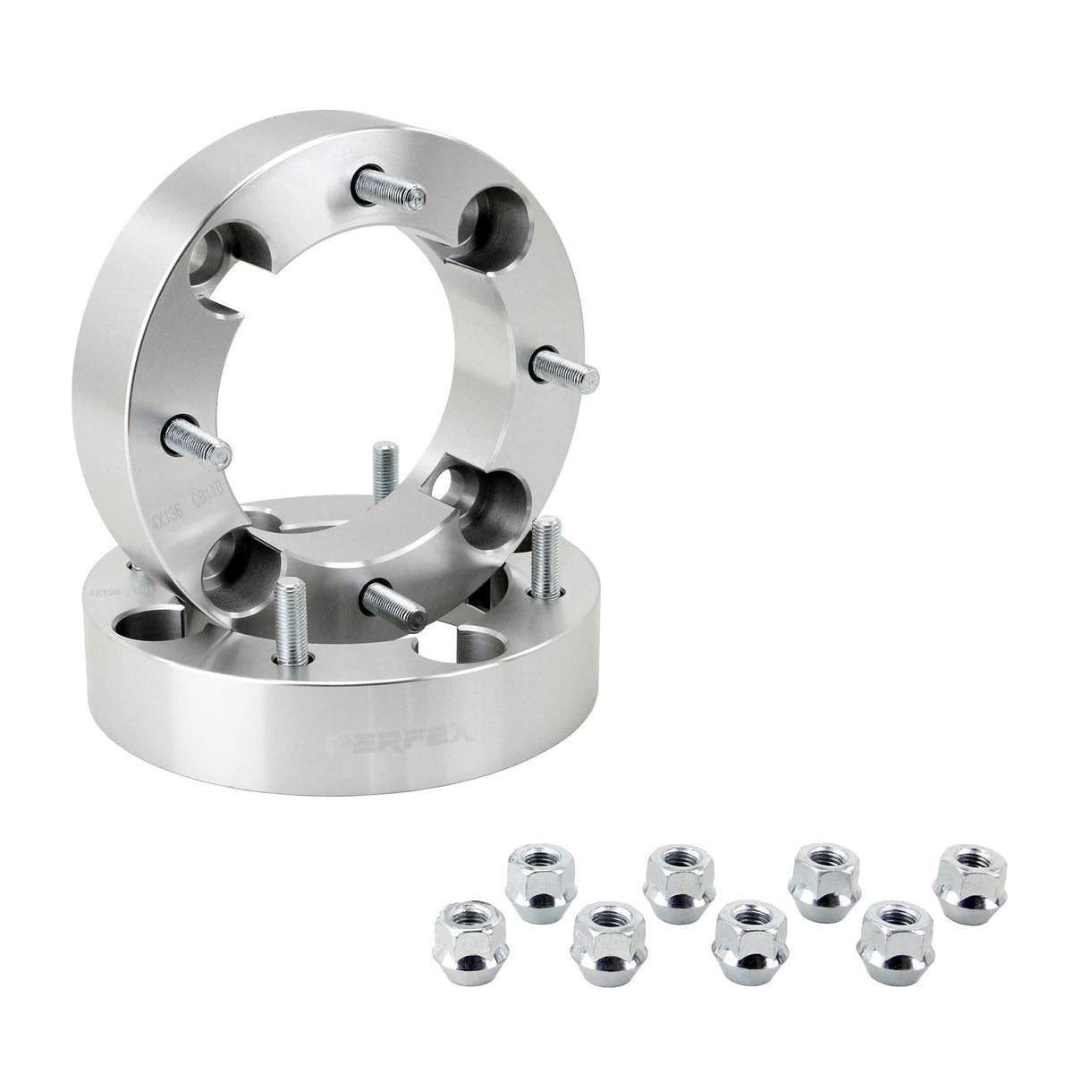 PERFEX aluminum wheel spacers (sold in pairs), 4x136 bolt pattern, 1.5-inch thick (38.1mm), with included lug nuts. Compatible with all Can-Am ATVs and UTVs (Outlander, Renegade, Commander, Defender, Maverick, Maverick X3), Honda Pioneer and Talon 1000, as well as Kawasaki Teryx 800.