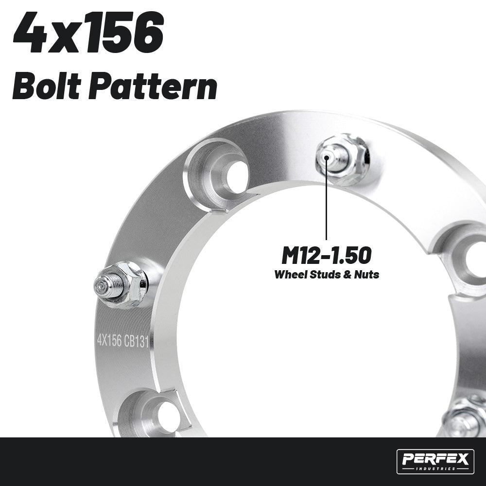 PERFEX 4x156 aluminum UTV wheel spacers with M12-1.50 thread pitch, compatible with Polaris General, Ranger XP 900/1000, RZR Trail and RZR XP models, precision machined for proper fitment and reliable off-road performance.