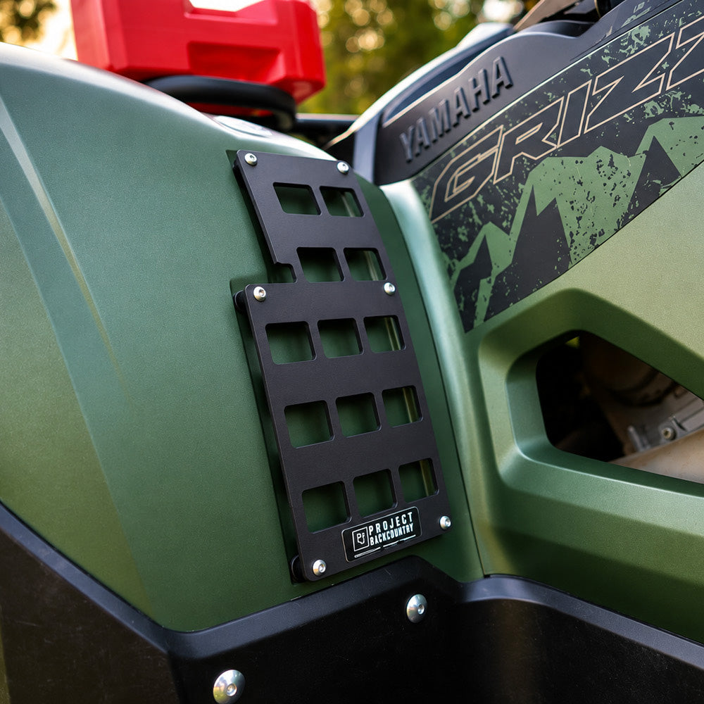Project Backcountry Modular FenderLink MOLLE Panel installed on the left front fender of a Yamaha Grizzly 700.