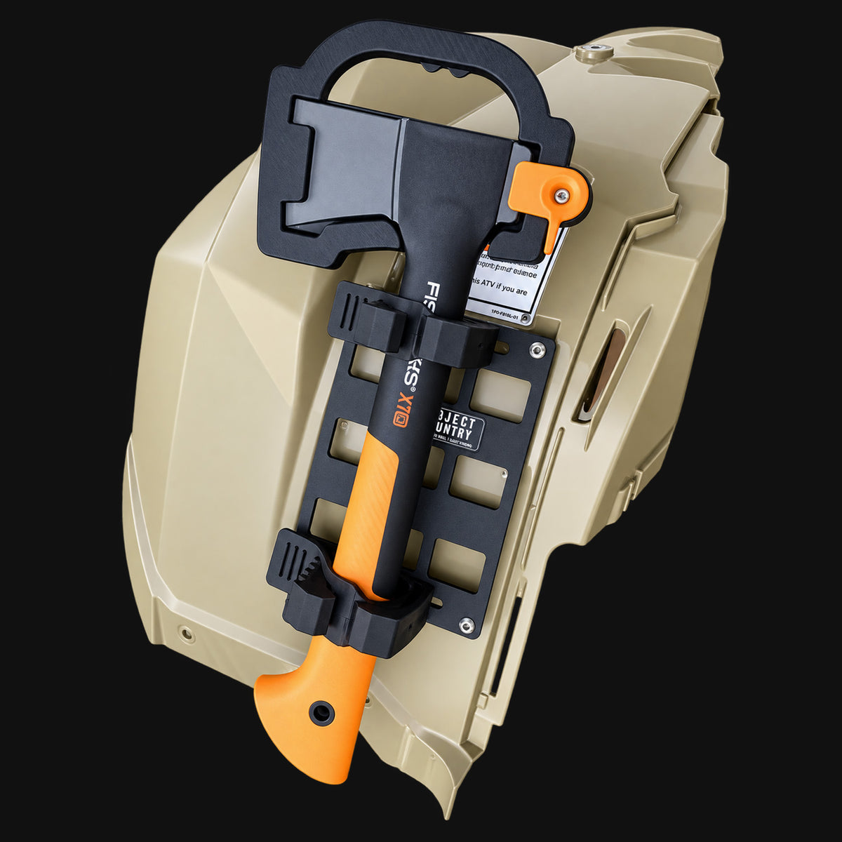 Project Backcountry Modular FenderLink on Yamaha Kodiak 700 left front fender carrying an axe as ATV utility gear.