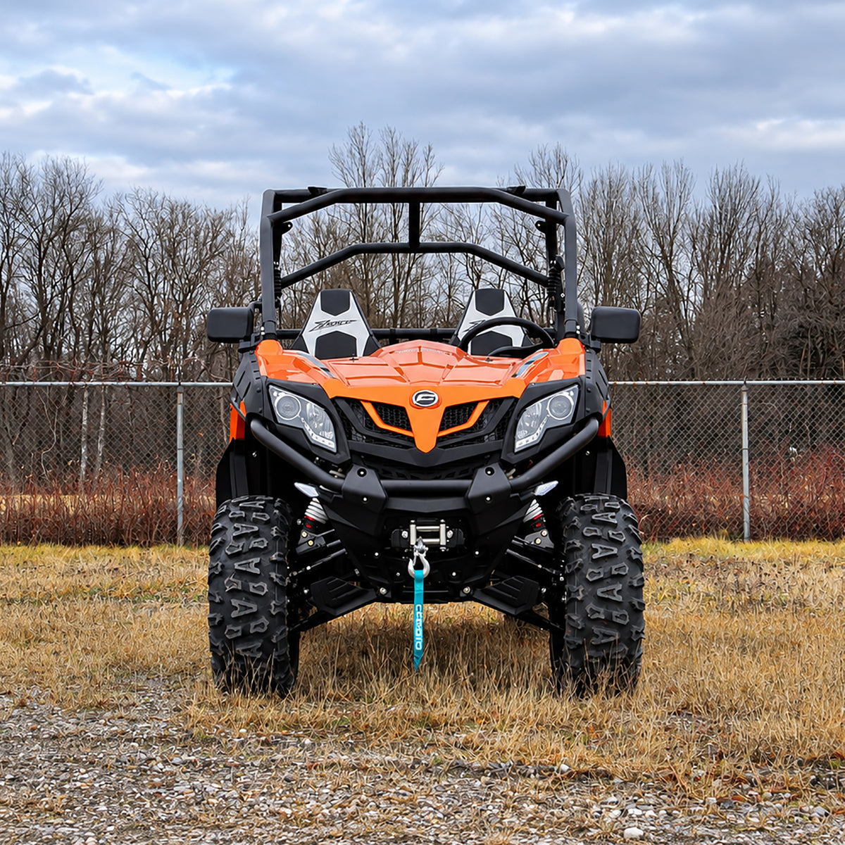 Front view of a CFMOTO ZForce 500 Trail UTV equipped with a PERFEX 2" lift kit.