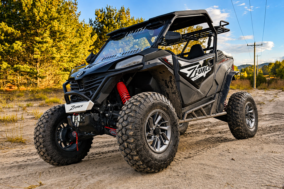 Front angle view of CFMOTO ZForce 950 Sport G2 equipped with PERFEX 2-inch lift kit, 30-inch tires and 1.5-inch wheel spacers.