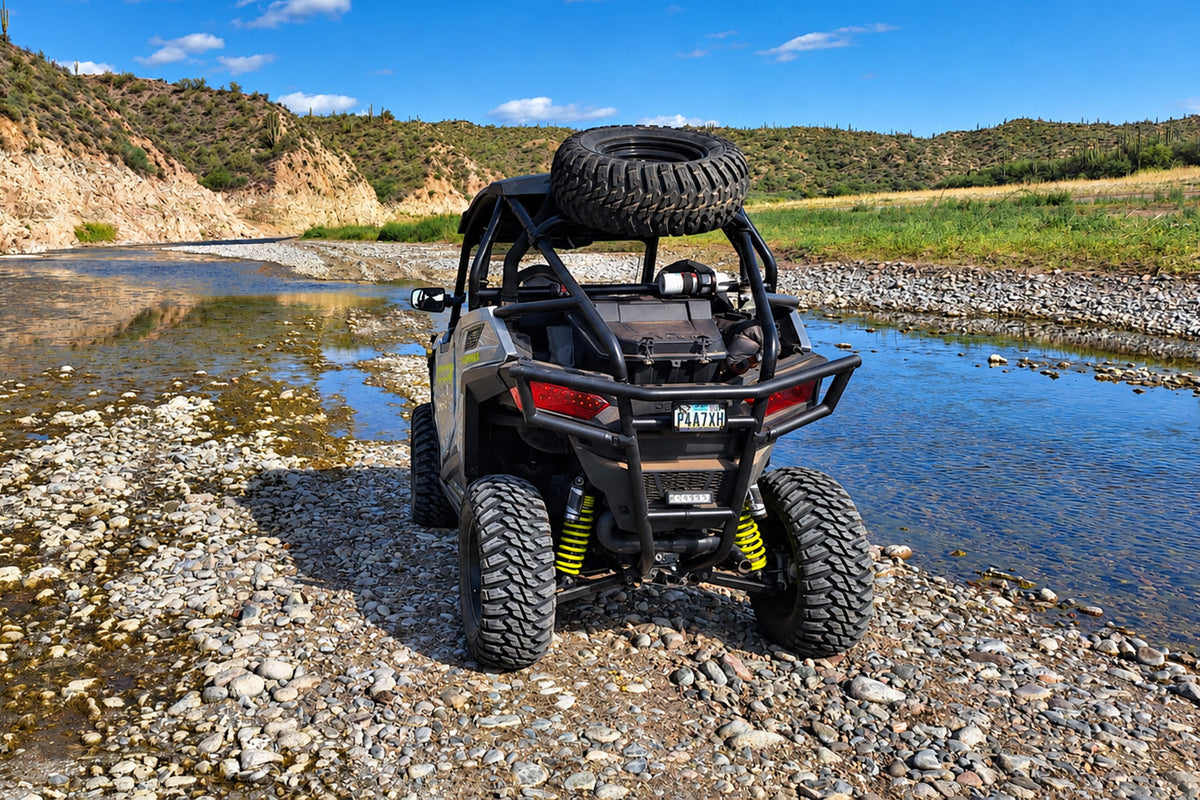 Rear view of lifted Polaris RZR Trail 900 UTV equipped with PERFEX 2-inch lift kit.