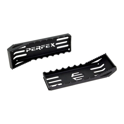PERFEX oversized ATV foot pegs kit for Yamaha Grizzly 550/700 and Kodiak 700, featuring 3-inch wide platform for enhanced grip and stability, shown on white background.