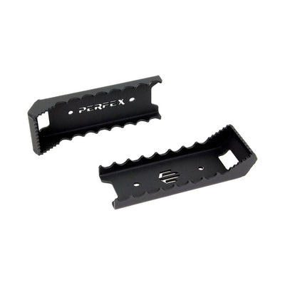 PERFEX oversized ATV foot pegs for Kawasaki Brute Force 650/750, featuring a 3-inch wide platform for enhanced traction and stability, shown on white background.