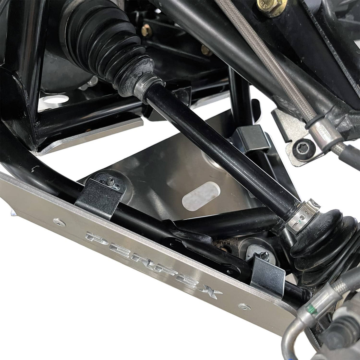 White background image of a Can-Am Outlander PRO, focusing on the PERFEX Industries front A-arm guards protecting the suspension components of the ATV. Ideal for off-road adventures.