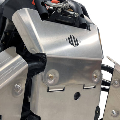 White background image of a Can-Am Outlander PRO, focusing on the PERFEX Industries bash plate for superior ATV protection. Ideal for off-road adventures.