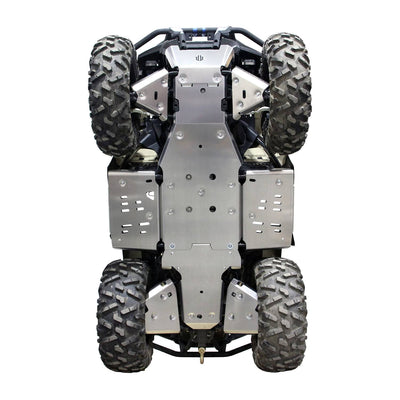 Underside view of a Can-Am Outlander 700 PRO model on a white background, featuring PERFEX Industries' ultimate protection kit made of aluminum, with central skid plate, A-arm guards, and footwell plates installed.