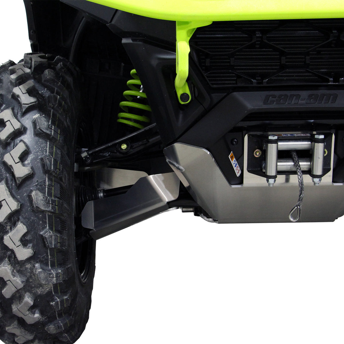 2025+ Can-Am Outlander MAX 850 XT with PERFEX™ Full Skid Plate Kit. Reinforced ATV bash plate for maximum underbody protection on rough terrain.