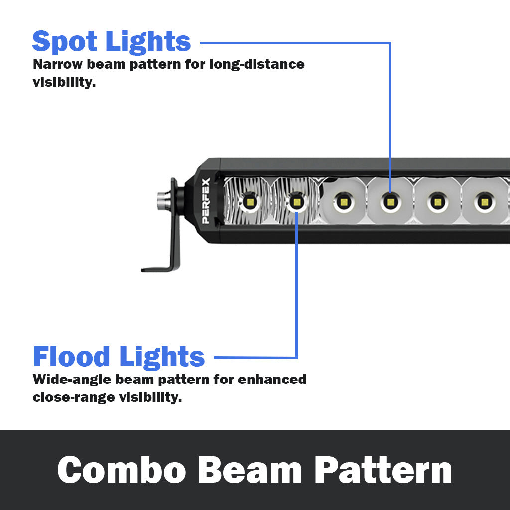 PERFEX single row LED light bar with combo beam pattern, designed for ATV, UTV, side-by-side, off-road, and 4x4 vehicles. Combines spot and flood beams for versatile, wide-reaching illumination.