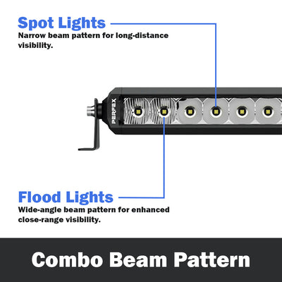 PERFEX single row LED light bar with combo beam pattern, designed for ATV, UTV, side-by-side, off-road, and 4x4 vehicles. Combines spot and flood beams for versatile, wide-reaching illumination.