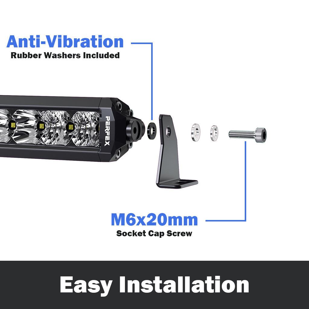 PERFEX single row LED light bar with easy installation features, designed for ATV, UTV, side-by-side, off-road, and 4x4 vehicles. Simplifies setup with straightforward mounting options for quick and hassle-free installation.