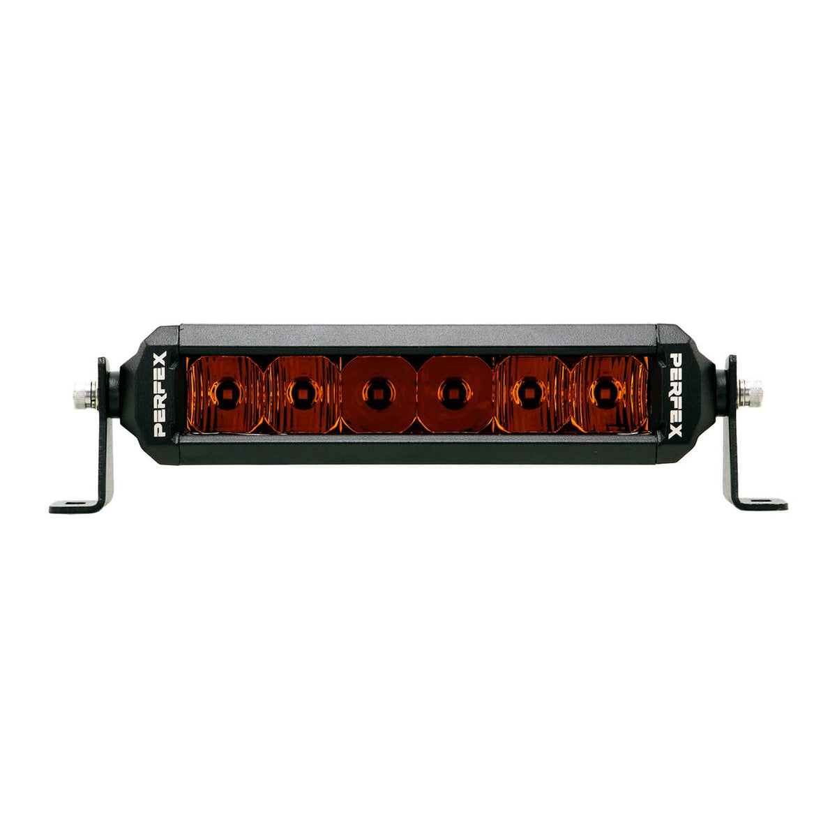 PERFEX 6-inch single row LED light bar in amber, designed for ATV, UTV, side-by-side, off-road, and 4x4 vehicles. Provides bright, focused illumination for enhanced visibility.