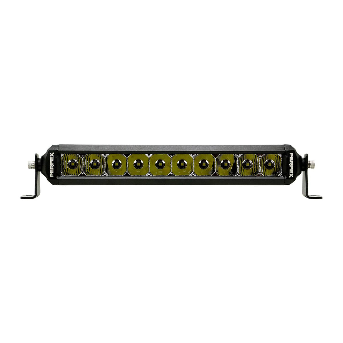 PERFEX 10-inch single row LED light bar, suitable for ATV, UTV, side-by-side, off-road, and 4x4 vehicles. Delivers strong, wide illumination for enhanced visibility in all conditions.