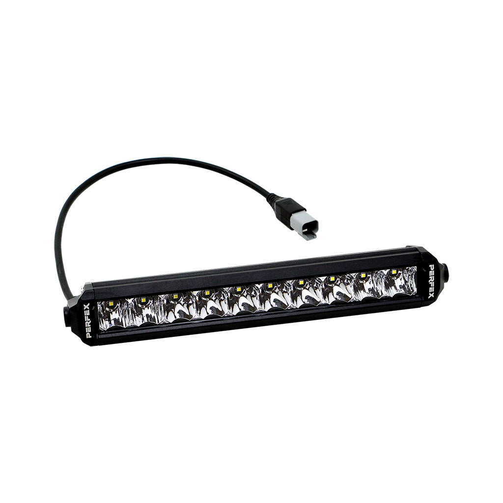 PERFEX 10-inch single row LED light bar, suitable for ATV, UTV, side-by-side, off-road, and 4x4 vehicles. Delivers strong, wide illumination for enhanced visibility in all conditions.