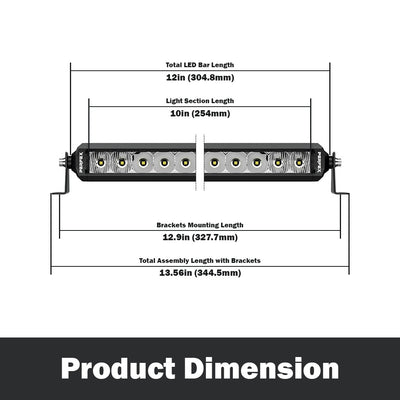 Detailed dimensions of the PERFEX 10-inch single row LED light bar, designed for ATV, UTV, side-by-side, off-road, and 4x4 vehicles. Provides precise size information for optimal fit and performance.