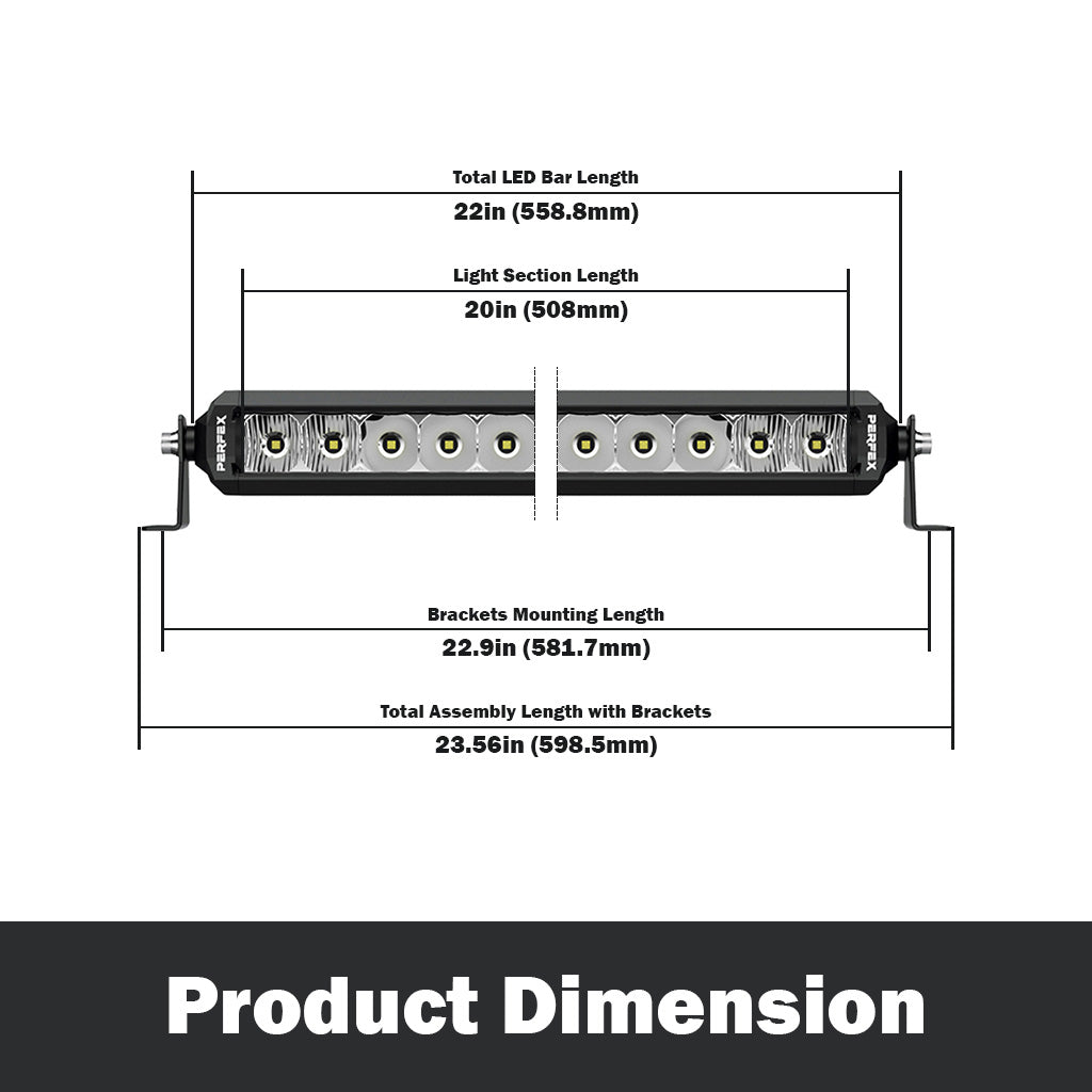 Detailed dimensions of the PERFEX 20-inch single row LED light bar, designed for ATV, UTV, side-by-side, off-road, and 4x4 vehicles. Provides precise size details for optimal installation and usage.