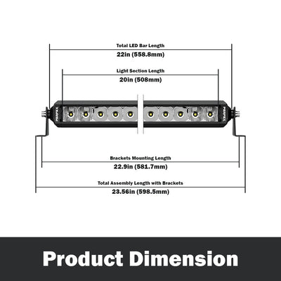 Detailed dimensions of the PERFEX 20-inch single row LED light bar, designed for ATV, UTV, side-by-side, off-road, and 4x4 vehicles. Provides precise size details for optimal installation and usage.