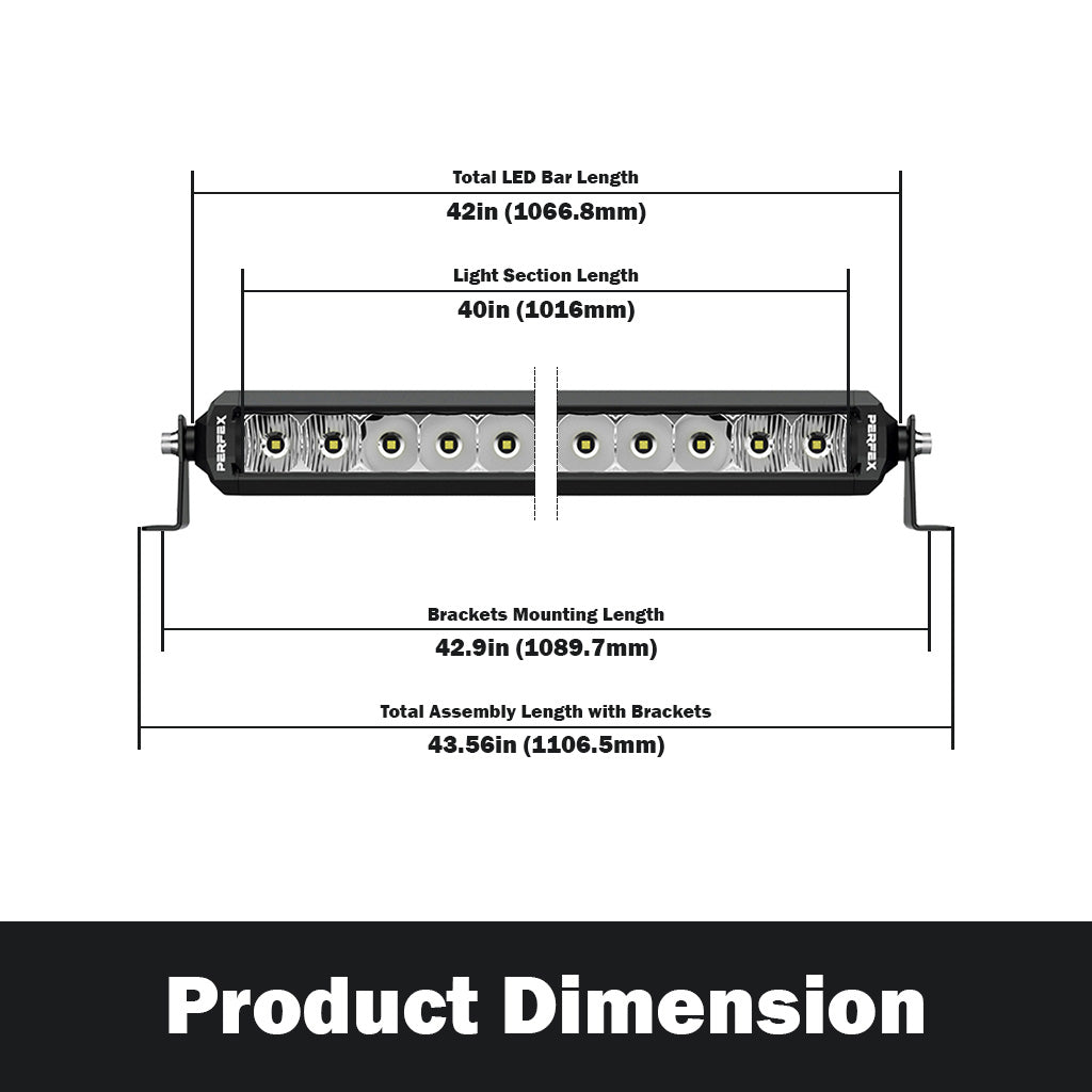 Detailed dimensions of the PERFEX 40-inch single row LED light bar, designed for ATV, UTV, side-by-side, off-road, and 4x4 vehicles. Shows precise measurements for accurate installation and fit.