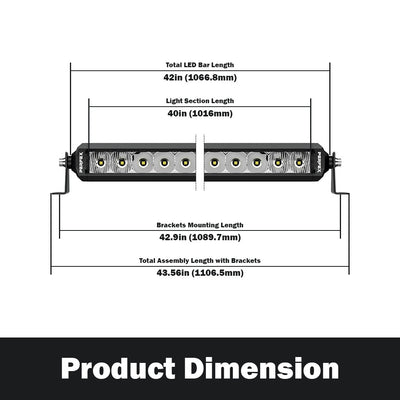 Detailed dimensions of the PERFEX 40-inch single row LED light bar, designed for ATV, UTV, side-by-side, off-road, and 4x4 vehicles. Shows precise measurements for accurate installation and fit.