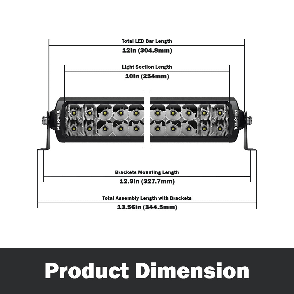 Detailed dimensions of the PERFEX 10-inch dual row LED light bar, designed for ATV, UTV, side-by-side, off-road, and 4x4 vehicles. Displays precise measurements for accurate installation and fit.