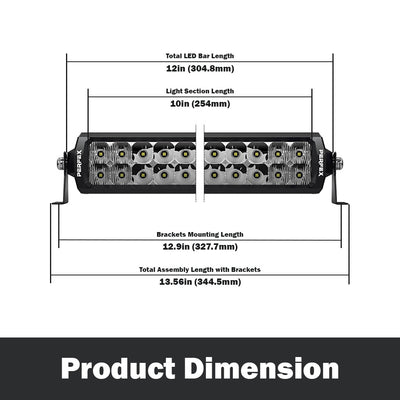 Detailed dimensions of the PERFEX 10-inch dual row LED light bar, designed for ATV, UTV, side-by-side, off-road, and 4x4 vehicles. Displays precise measurements for accurate installation and fit.