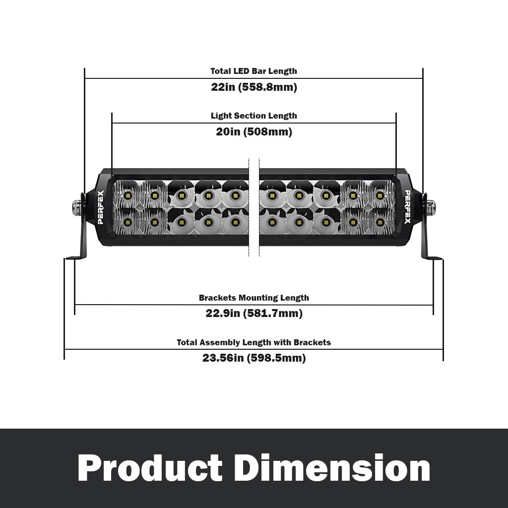 Detailed dimensions of the PERFEX 20-inch dual row LED light bar, designed for ATV, UTV, side-by-side, off-road, and 4x4 vehicles. Provides precise measurements for accurate installation and fit.