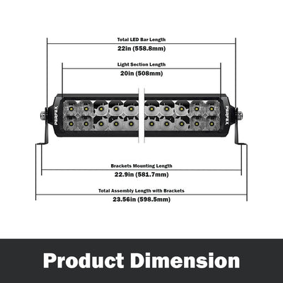 Detailed dimensions of the PERFEX 20-inch dual row LED light bar, designed for ATV, UTV, side-by-side, off-road, and 4x4 vehicles. Provides precise measurements for accurate installation and fit.