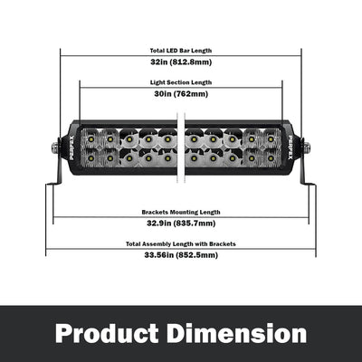 Detailed dimensions of the PERFEX 30-inch dual row LED light bar, designed for ATV, UTV, side-by-side, off-road, and 4x4 vehicles. Provides precise measurements for optimal installation and fit.