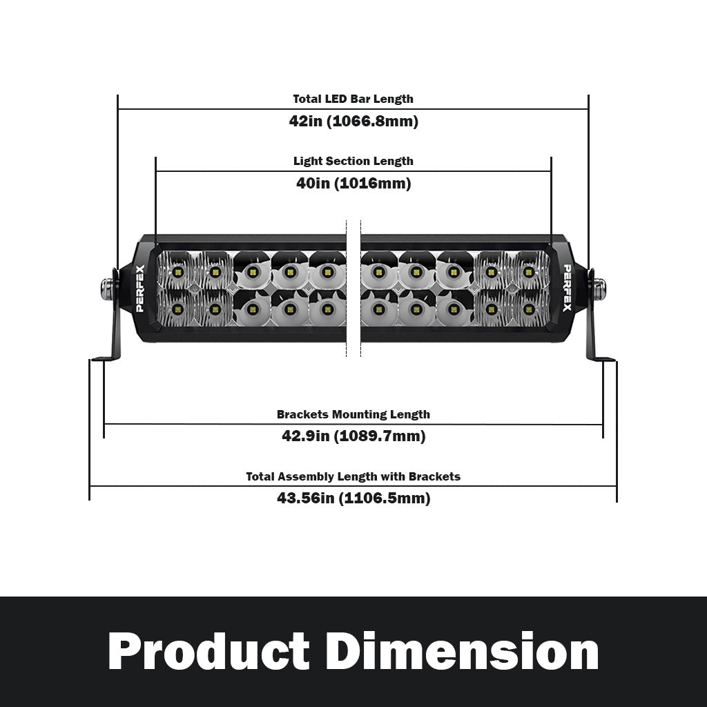 Detailed dimensions of the PERFEX 40-inch dual row LED light bar, designed for ATV, UTV, side-by-side, off-road, and 4x4 vehicles. Shows precise measurements for accurate installation and fit.