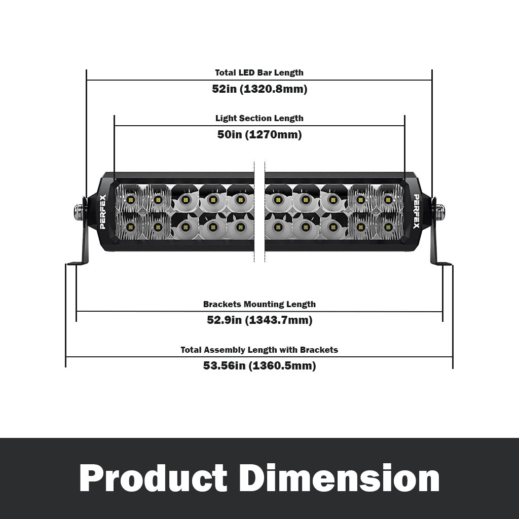 Detailed dimensions of the PERFEX 50-inch dual row LED light bar, designed for ATV, UTV, side-by-side, off-road, and 4x4 vehicles. Provides precise measurements for accurate installation and fit.