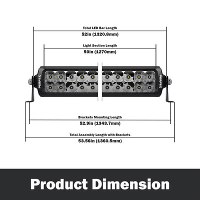 Detailed dimensions of the PERFEX 50-inch dual row LED light bar, designed for ATV, UTV, side-by-side, off-road, and 4x4 vehicles. Provides precise measurements for accurate installation and fit.
