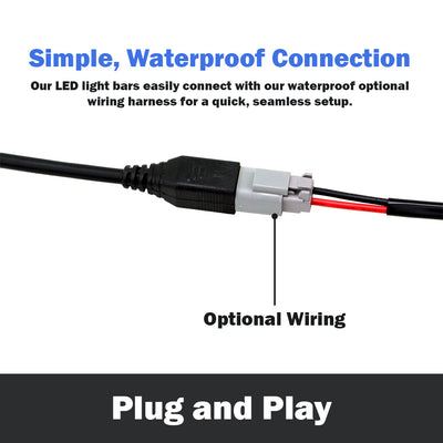 Plug and Play connection between PERFEX LED light bar and optional wiring harness for ATV and UTV, featuring a simple, waterproof connection for easy off-road installation.