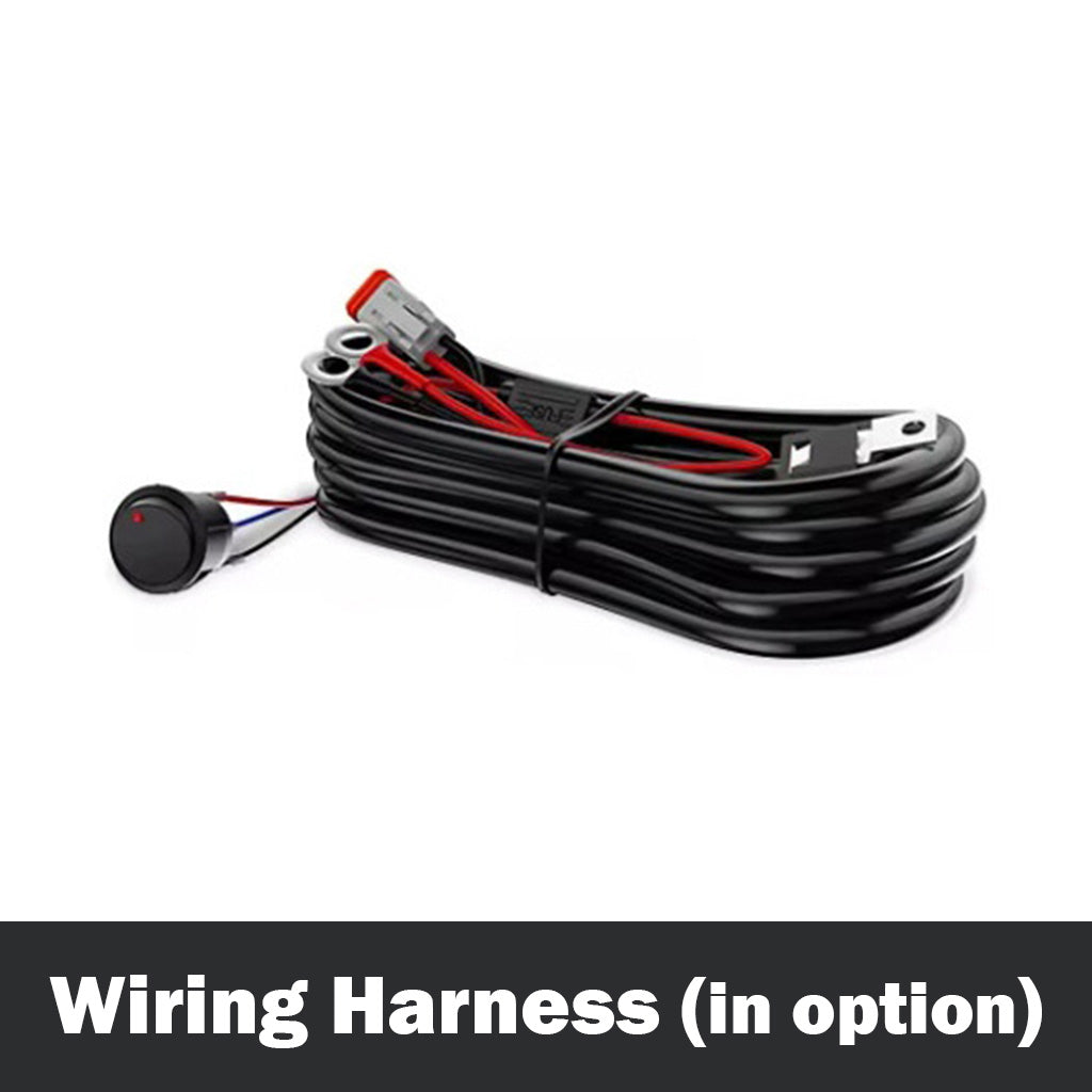 Optional wiring harness for PERFEX LED light bars, featuring waterproof connections, relay, fuse, and on/off switch, designed for ATV and UTV off-road lighting installations.