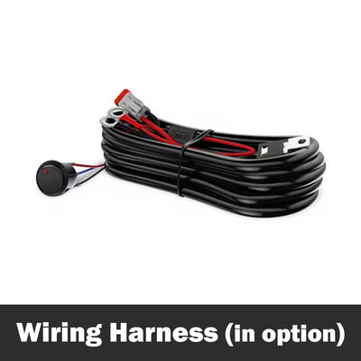 Optional wiring harness for PERFEX LED light bars, featuring waterproof connections, relay, fuse, and on/off switch, designed for ATV and UTV off-road lighting installations.