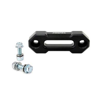 PERFEX CNC-machined aluminum ATV hawse fairlead with black anodized finish, 4-7/8" mounting hole spacing, and included M10-1.25 bolts and lock nuts.