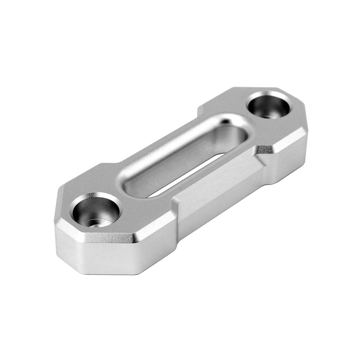 Front angled view highlighting the smooth, rounded rope guide opening of the PERFEX silver anodized aluminum hawse fairlead, designed for synthetic ATV winch ropes.