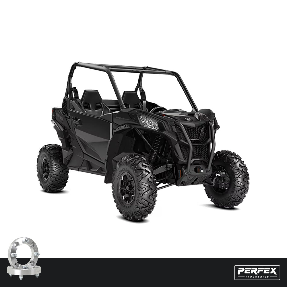 PERFEX Can-Am Maverick Trail/Sport UTVs with 4x136 aluminum wheel spacers installed, improving stance and off-road stability.