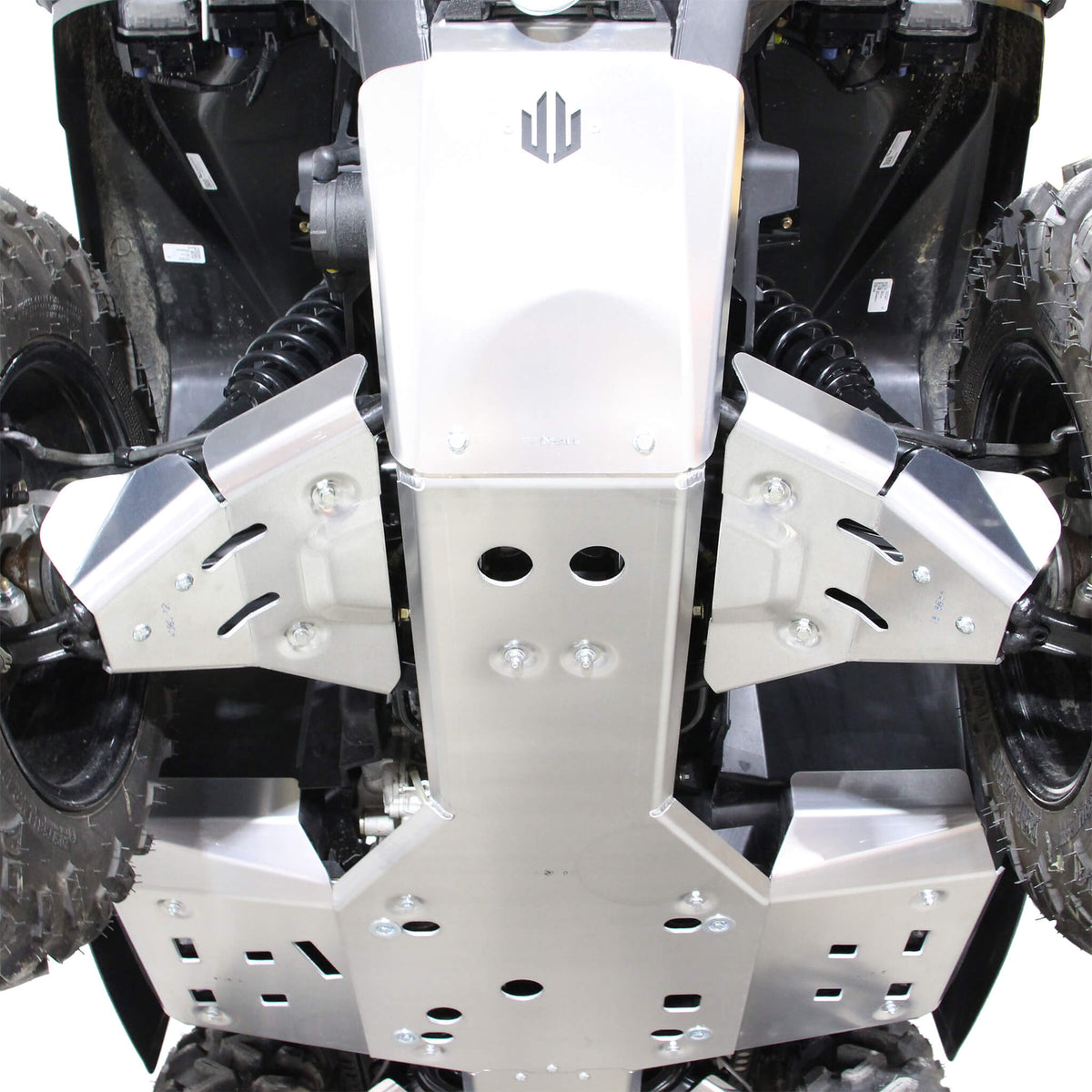 PERFEX aluminum front bash plate and A-arm guards protecting the front suspension of a Can-Am Outlander MAX 6x6 1000R G2 ATV