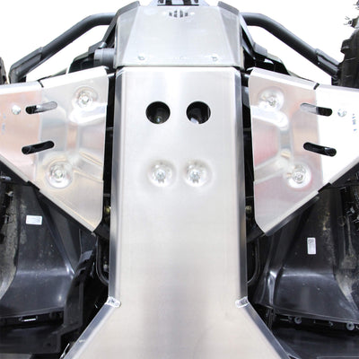PERFEX aluminum front skid plate with recessed bolt holes and logo protecting the front suspension of a Can-Am Outlander MAX 6x6 1000R G2 ATV