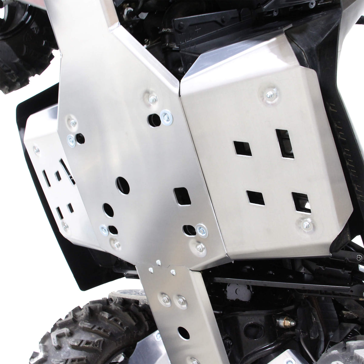 PERFEX aluminum left footwell skid plate protecting the rider foot area on a Can-Am Outlander MAX 6x6 1000R G2 ATV