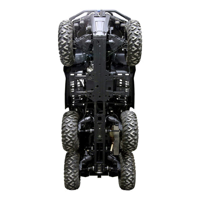 Stock skid plates layout on Can-Am Outlander MAX 6x6 1000R G2 ATV underside before PERFEX protection upgrade