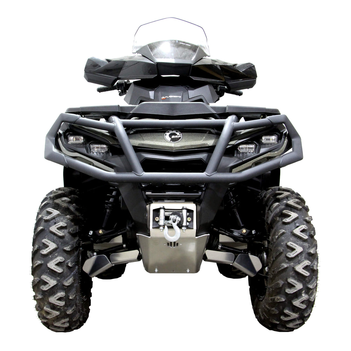PERFEX 3/16" aluminum front bash plate protecting the front of a Can-Am Outlander MAX 6x6 450 G2L ATV