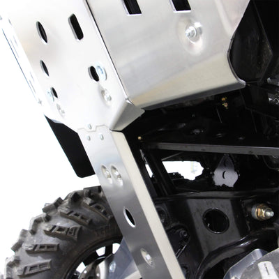 PERFEX aluminum full frame skid plate side view protecting the underside of a Can-Am Outlander MAX 6x6 450 G2L ATV