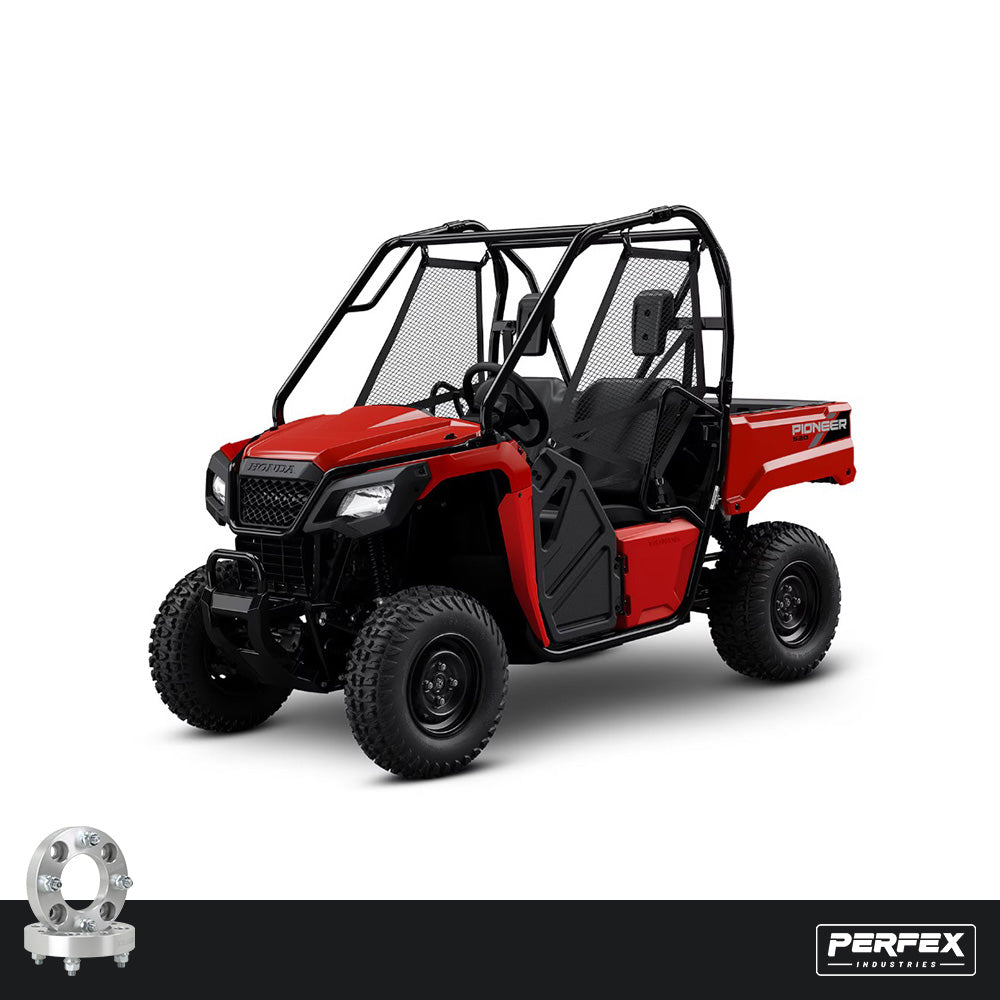 PERFEX aluminum wheel spacers for Honda Pioneer 500 and 520 UTVs. High-performance 6061-T6 aluminum spacers with 4x110 bolt pattern, M12-1.50 studs, and customizable thickness.