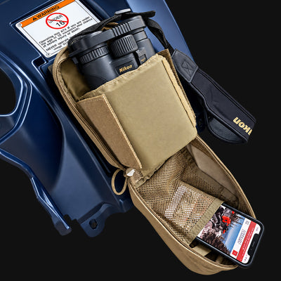 Honda Rubicon 500/520 right Fender MOLLE Panel carrying ATV trail and utility accessories in a MOLLE storage pouch.